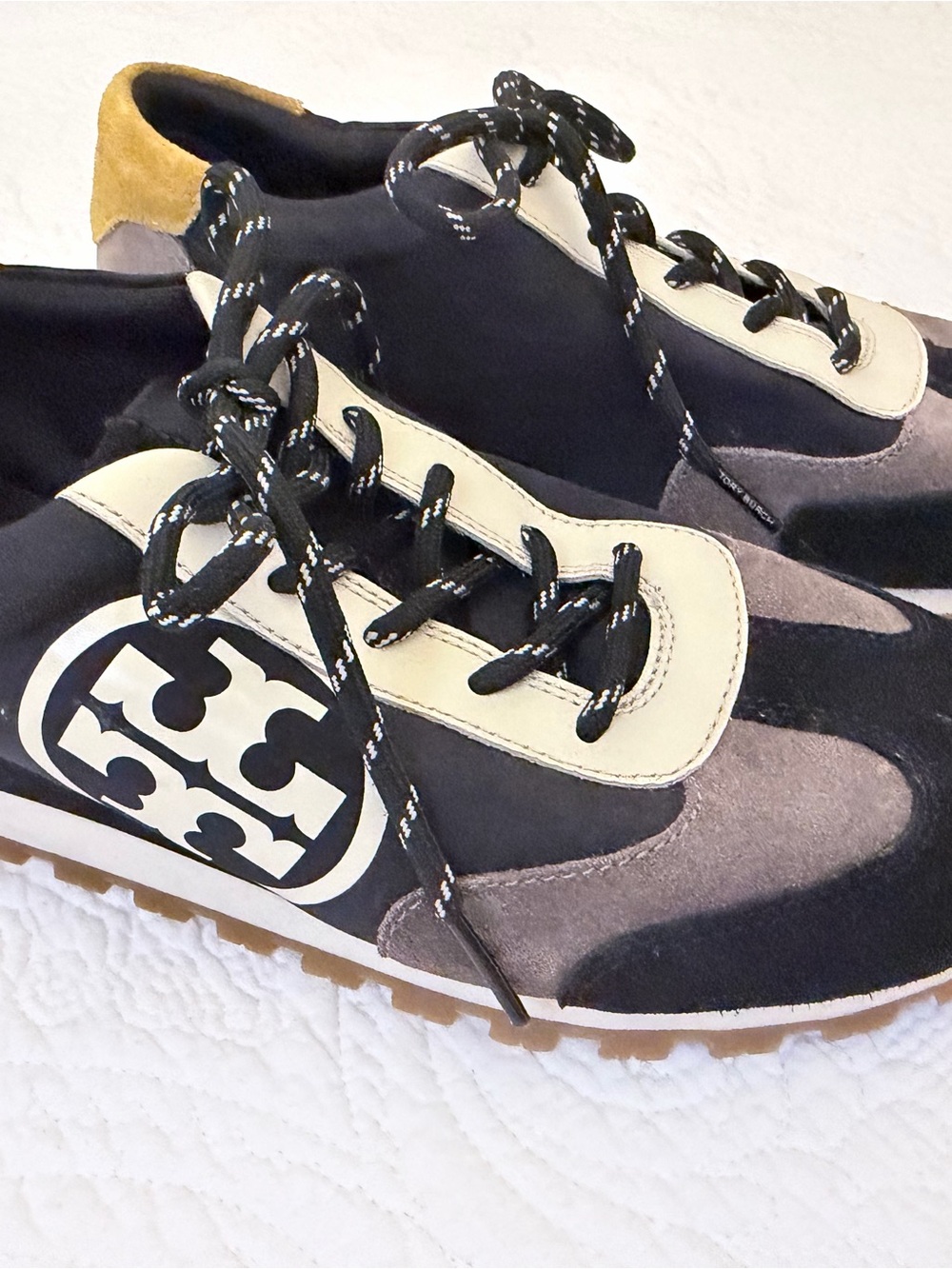 Tory Burch Black, Gray and Cream Suede Logo Lace-Up Sneakers